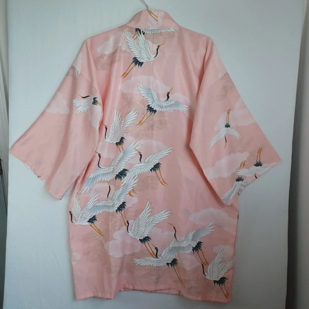 Monki Pink Crane Print Satin Kimono Robe Wide Sleeve Bird Pattern One Size